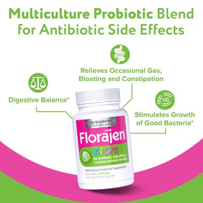 Florajen Kids Probiotics, Daily Gut Health Immune Support Supplement, Constipation and Bloating Relief, 30 Capsules (Refrigerated)