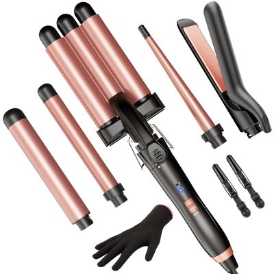 5 in 1 Wand Curling Iron-Kinked Curling Wand Set with Flat Iron Hair Straightener, 3 Barrels Hair Crimper, 3 Ceramic Curling Irons (0.35&quot;-1.25&quot;), 2 Temps Fast Heat Hair Waver Curler with Glove Clip