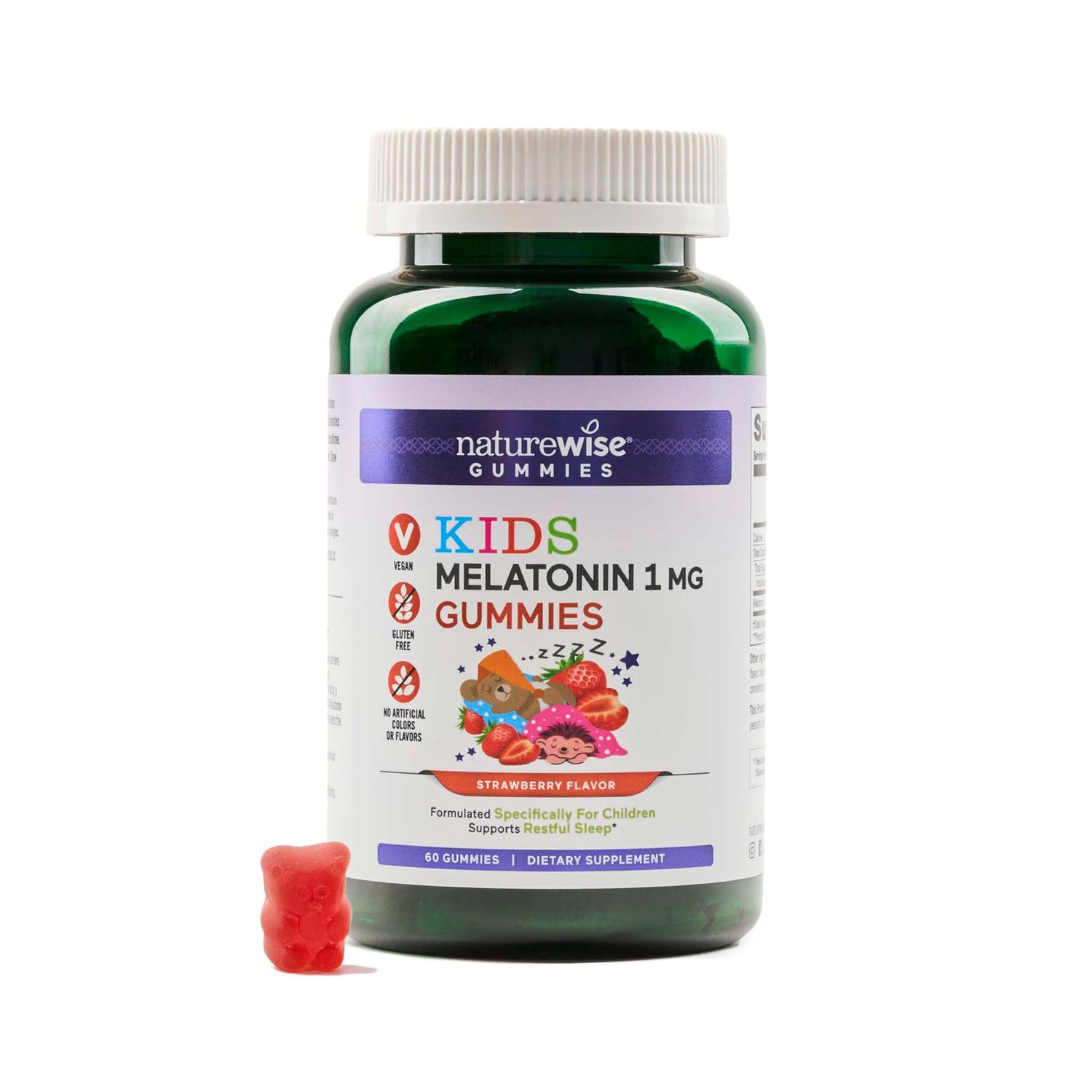 Naturewise Kids Melatonin Gummies 1 mg - Drug-Free, Non-Habit Forming Sleep Aid for Children Ages 4 Up - Strawberry Flavored Gummy Bears - Vegan, Gluten Free, Non-GMO - 60 Count2-Month Supply