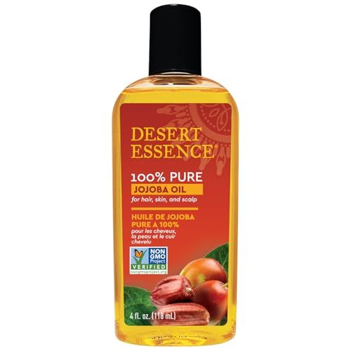 Desert Essence 100 Pure Jojoba Oil - 4 Fl Oz Moisturizer for Hair, Skin Scalp Makeup Remover Aftershave Hydrator, Non-GMO, Vegan, Cold-Pressed, Anti-Flakiness Non-Clogging Beauty Elixir