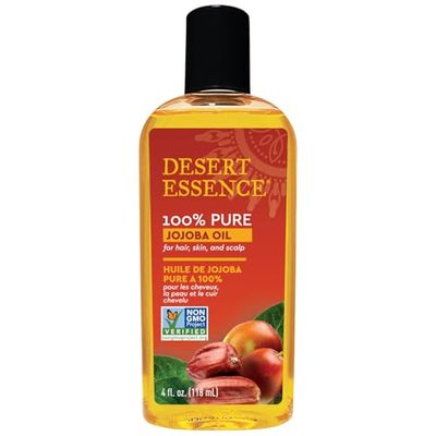 Desert Essence 100 Pure Jojoba Oil - 4 Fl Oz Moisturizer for Hair, Skin Scalp Makeup Remover Aftershave Hydrator, Non-GMO, Vegan, Cold-Pressed, Anti-Flakiness Non-Clogging Beauty Elixir