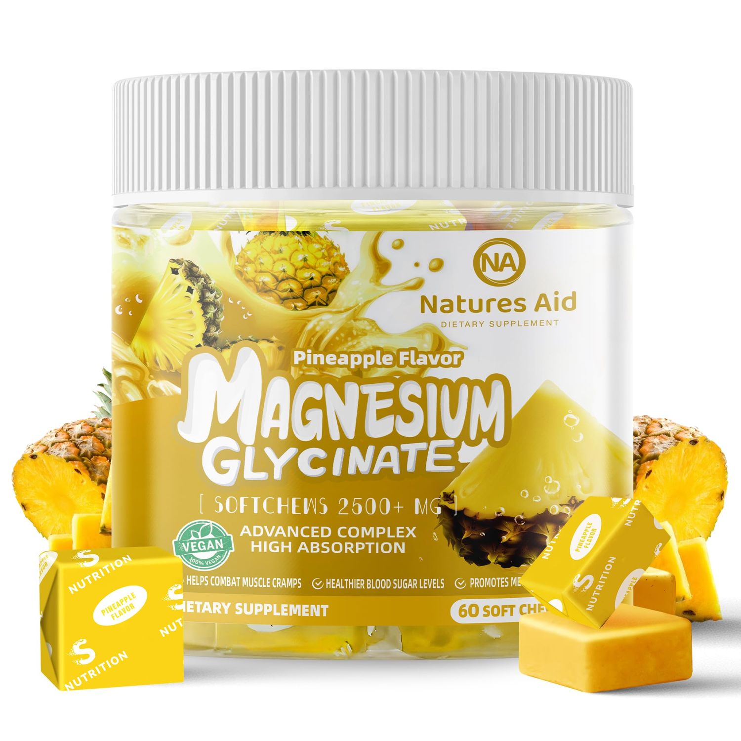 Magnesium Glycinate Soft Chews, Pineapple Flavor.Chewable Sugar Free Potassium Magnesium Chews with Magnesium Glycinate, Vitamin D, B6, and CoQ10 for Calm Support Sleep for Adults, 60 Days Supply