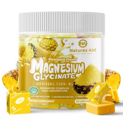 Magnesium Glycinate Soft Chews, Pineapple Flavor.Chewable Sugar Free Potassium Magnesium Chews with Magnesium Glycinate, Vitamin D, B6, and CoQ10 for Calm Support Sleep for Adults, 60 Days Supply