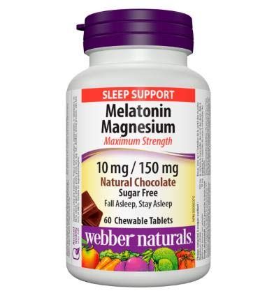 Webber Naturals Melatonin Magnesium 10 mg150 mg Maximum Strength , Natural Chocolate, 60 chewable Tablets