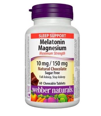 Webber Naturals Melatonin Magnesium 10 mg150 mg Maximum Strength , Natural Chocolate, 60 chewable Tablets