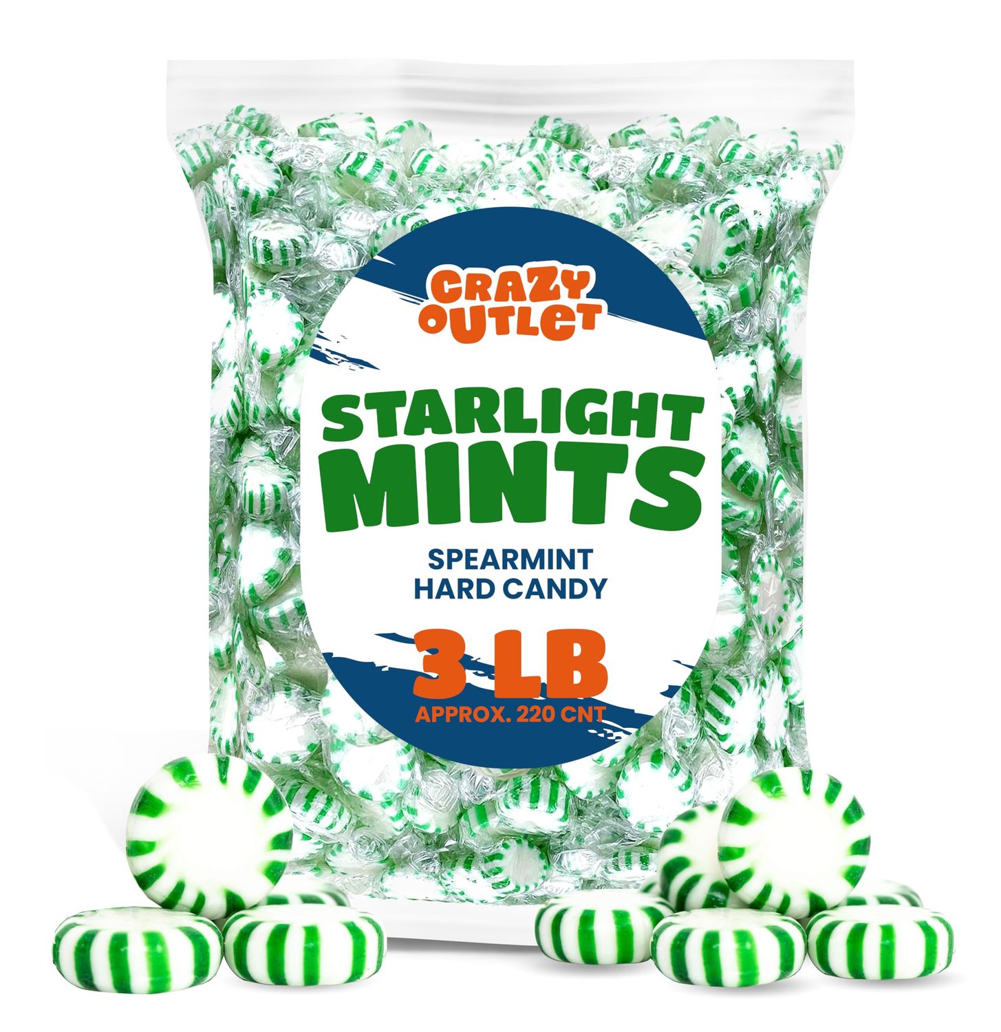 Starlight Spearmint Mints - 3 Pound Bulk Pack - Hard Candy - Individually Wrapped Candy - Green and White Hard Candies - After Dinner Treats