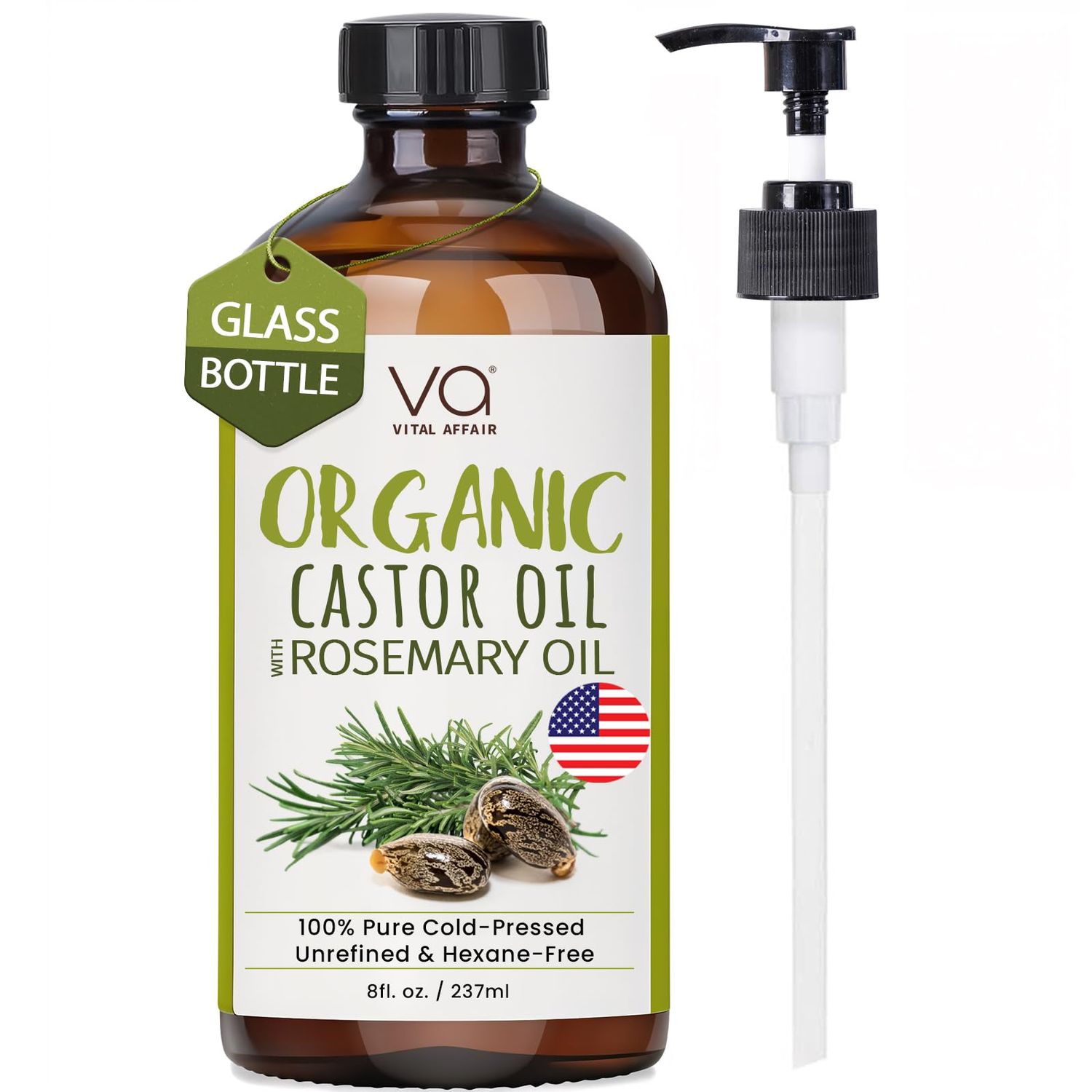 VITAL AFFAIR Organic Castor Oil With Rosemary Oil For Hair Growth - 100 Pure Rosemary Hair Oil With Pure Castor Oil Cold Pressed Unrefined Glass Bottle - Strengthening Volumizing 8 Fl Oz