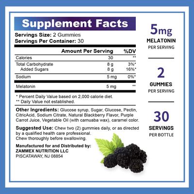 Zammex Melatonin Gummies 5mg 60 Count Sleep Supplement for Adult Drug Free Sleep Aid Gummy Natural Berry Flavor Vegan, Non-GMO, Gluten Free