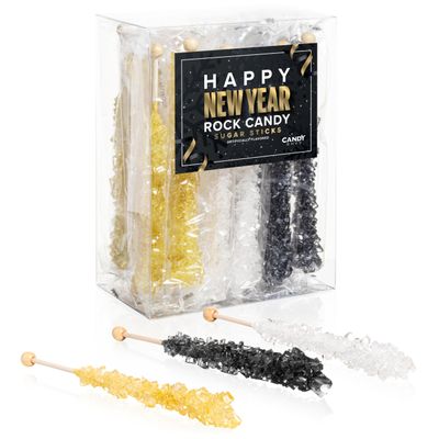 Candy Envy - Happy New Year Rock Candy Sugar Sticks - 18 Indiv. Wrapped - Gold, Black, White