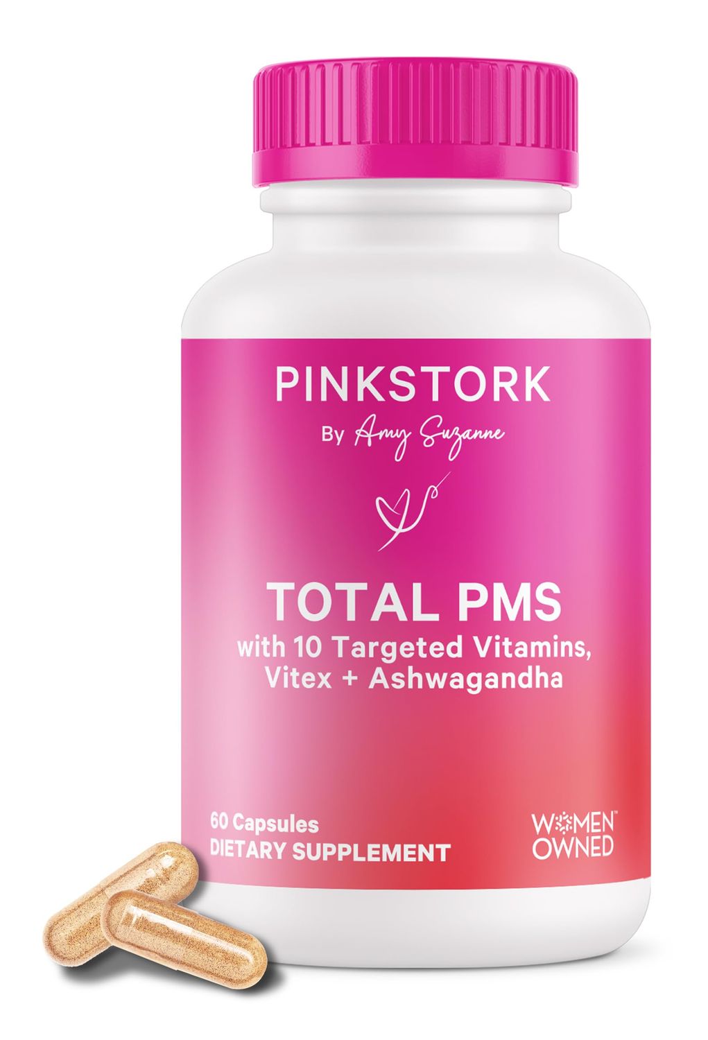 Pink Stork PMS Supplement for Women - Vitex, Ashwagandha, Maca Root 10 Vitamins Minerals to Support Hormone Balance, Mood, Bloating, Period Regularity - 60 Capsules