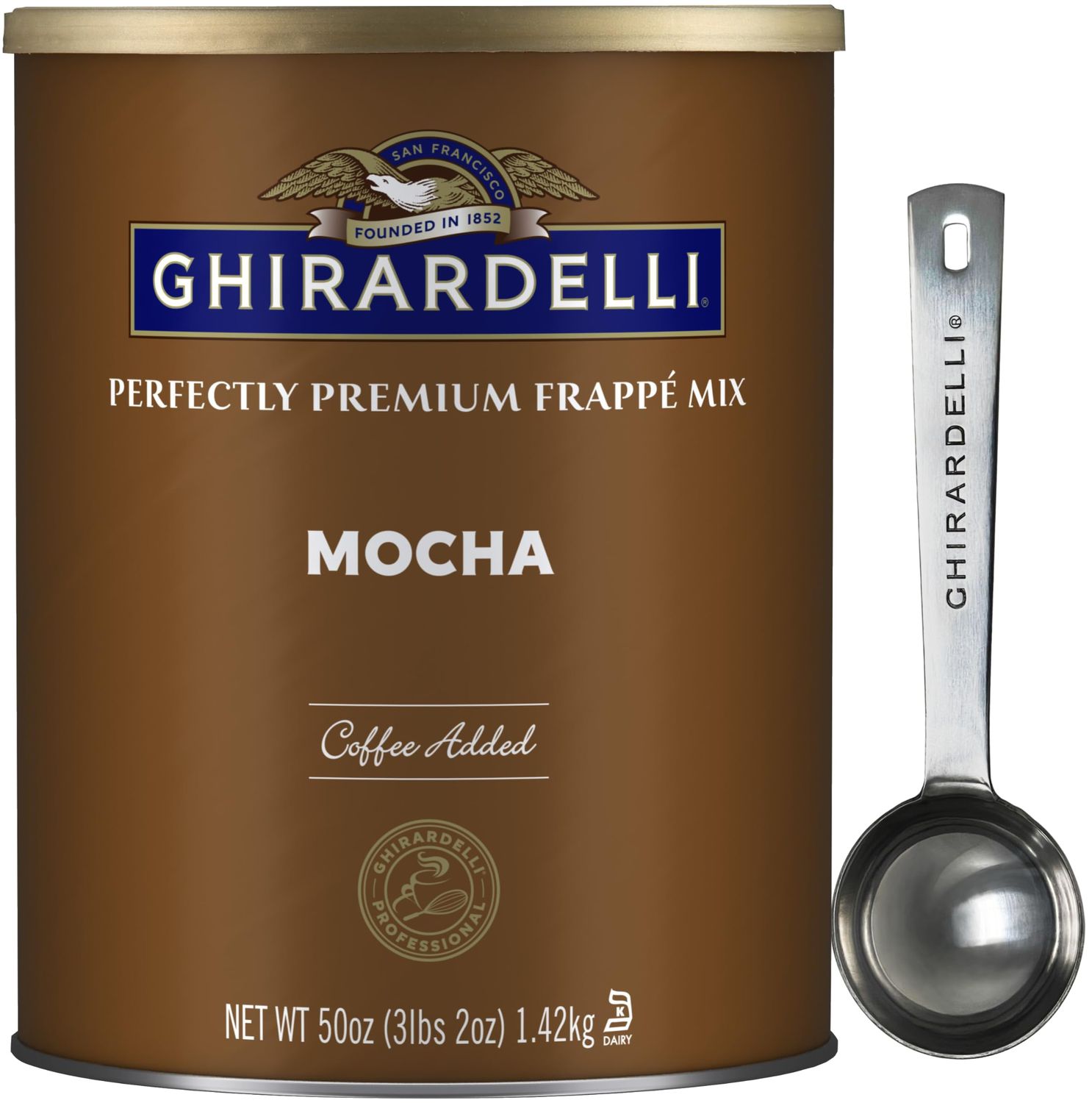 Ghirardelli Mocha Premium Frapp Mix, 3.12 lb Can with Ghirardelli Stamped Barista Spoon