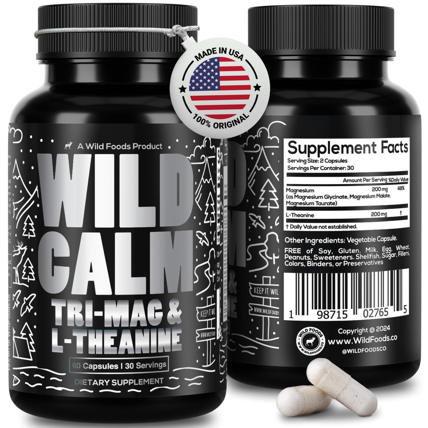 Wild Foods Tri-Mag L-Theanine - Triple Magnesium Complex for Sleep wL Theanine - Magnesium Glycinate, Malate, Taurate - 100 Natural - 60 Capsules