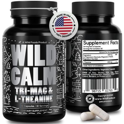 Wild Foods Tri-Mag L-Theanine - Triple Magnesium Complex for Sleep wL Theanine - Magnesium Glycinate, Malate, Taurate - 100 Natural - 60 Capsules