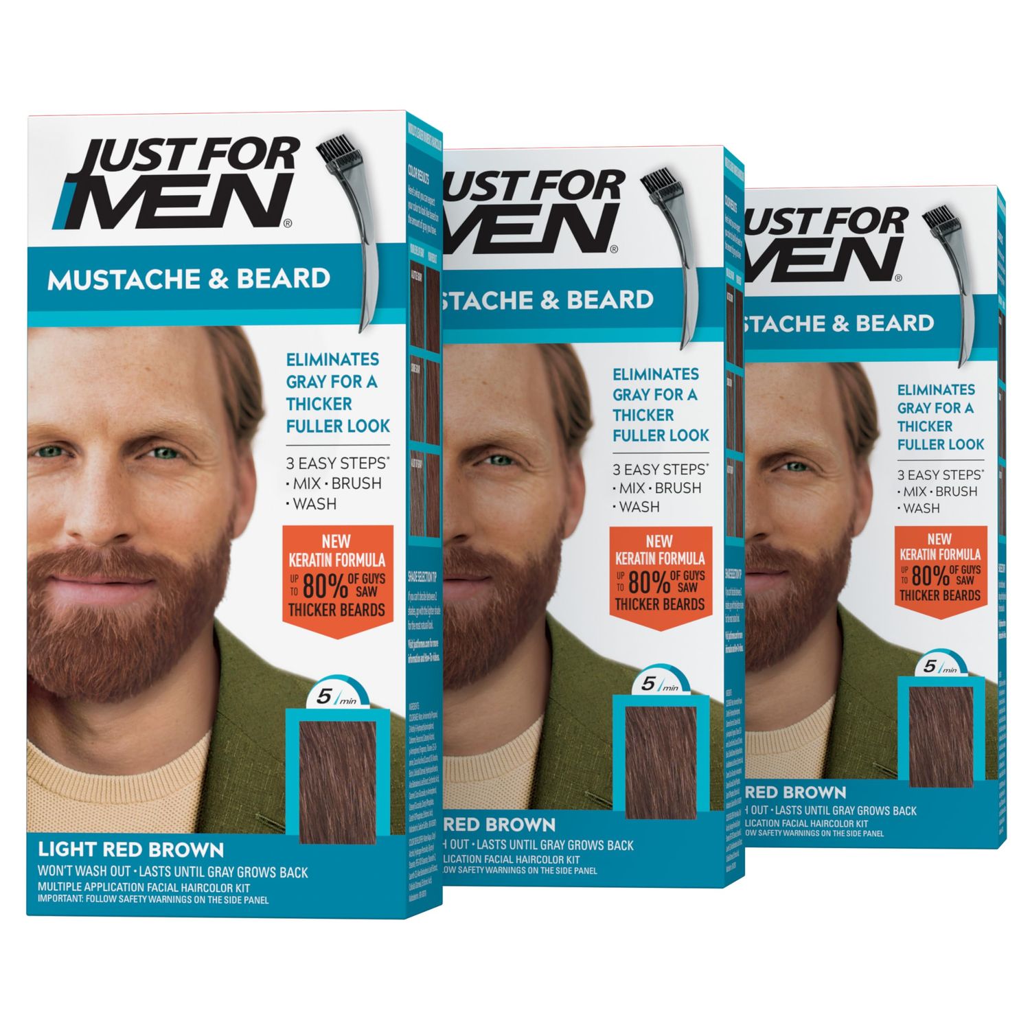 Just For Men Mustache Beard, Beard Dye for Men with Brush, With Keratin Biotin Aloe and Coconut Oil for Healthy Facial Hair - Light Red Brown, M-27, Pack of 3 (Packaging May Vary)