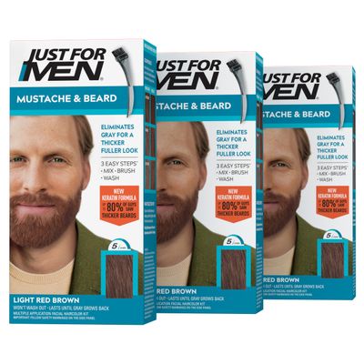 Just For Men Mustache Beard, Beard Dye for Men with Brush, With Keratin Biotin Aloe and Coconut Oil for Healthy Facial Hair - Light Red Brown, M-27, Pack of 3 (Packaging May Vary)