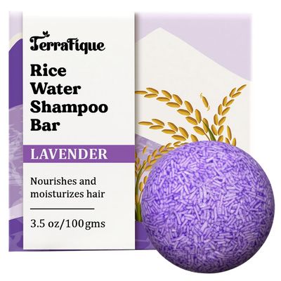 TERRAFIQUE Rice Water Shampoo Bar - Lavender Scent - Nourishing Shampoo with Cocoa Butter, Shea Butter for Hair Growth - 3.5 Oz 100 G (1 Pack)