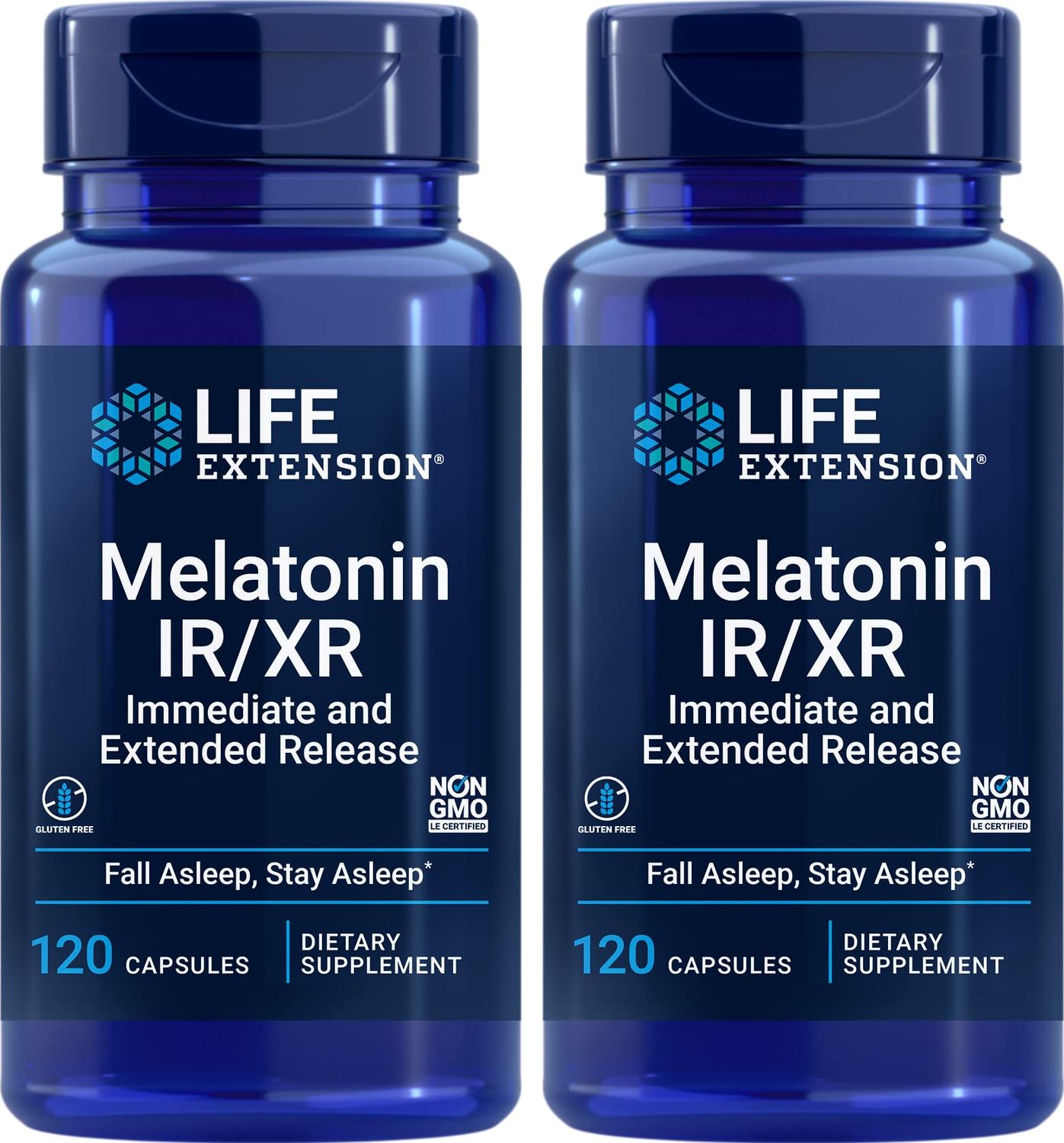Life Extension Melatonin IRXR, 120 Capsules (Pack of 2) - Immediate Extended-Release for 7 Hours Support - Night Time Supplement - Stay Asleep All Night Long - Non-GMO, Gluten-Free