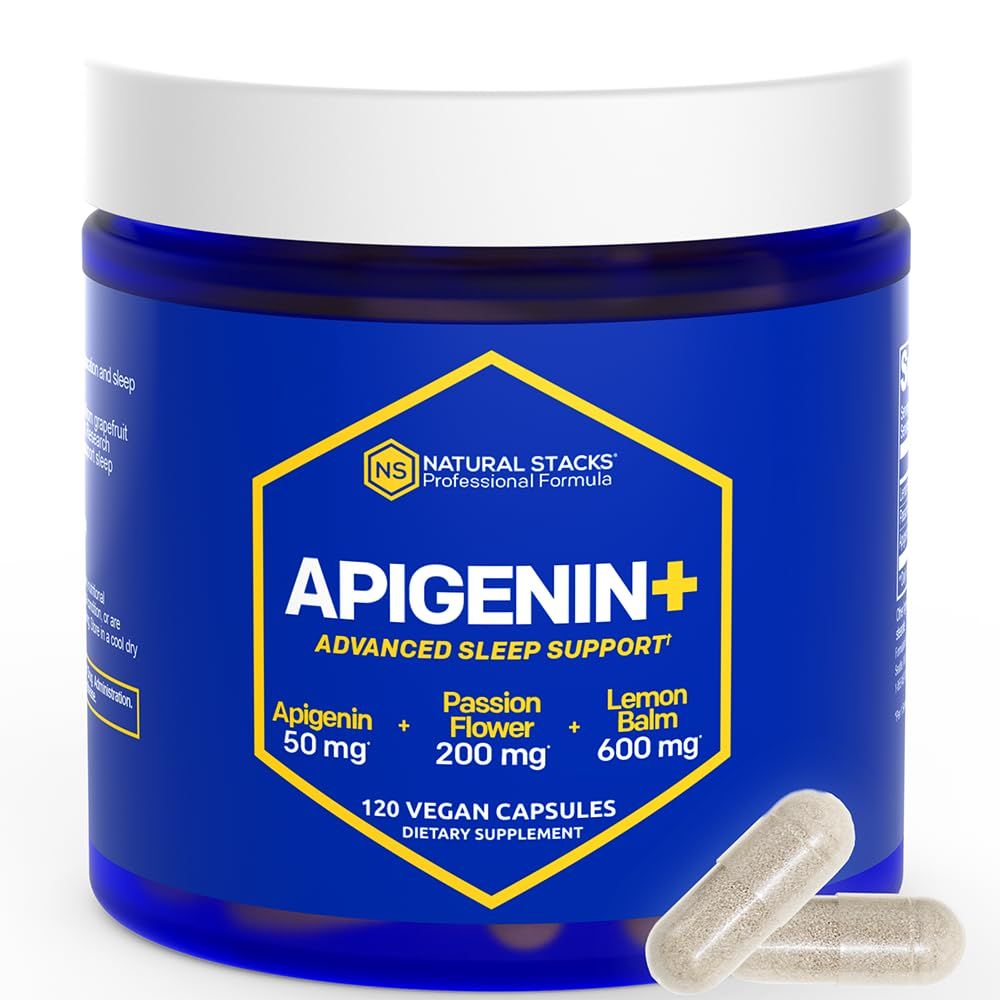 NATURAL STACKS Apigenin Supplement for Sleep - 50mg Apigenin 600mg Lemon Balm - Melatonin Free Sleep Aid - with Passion Flower Extract for Stress Relief - 120 Lemon Balm Capsules