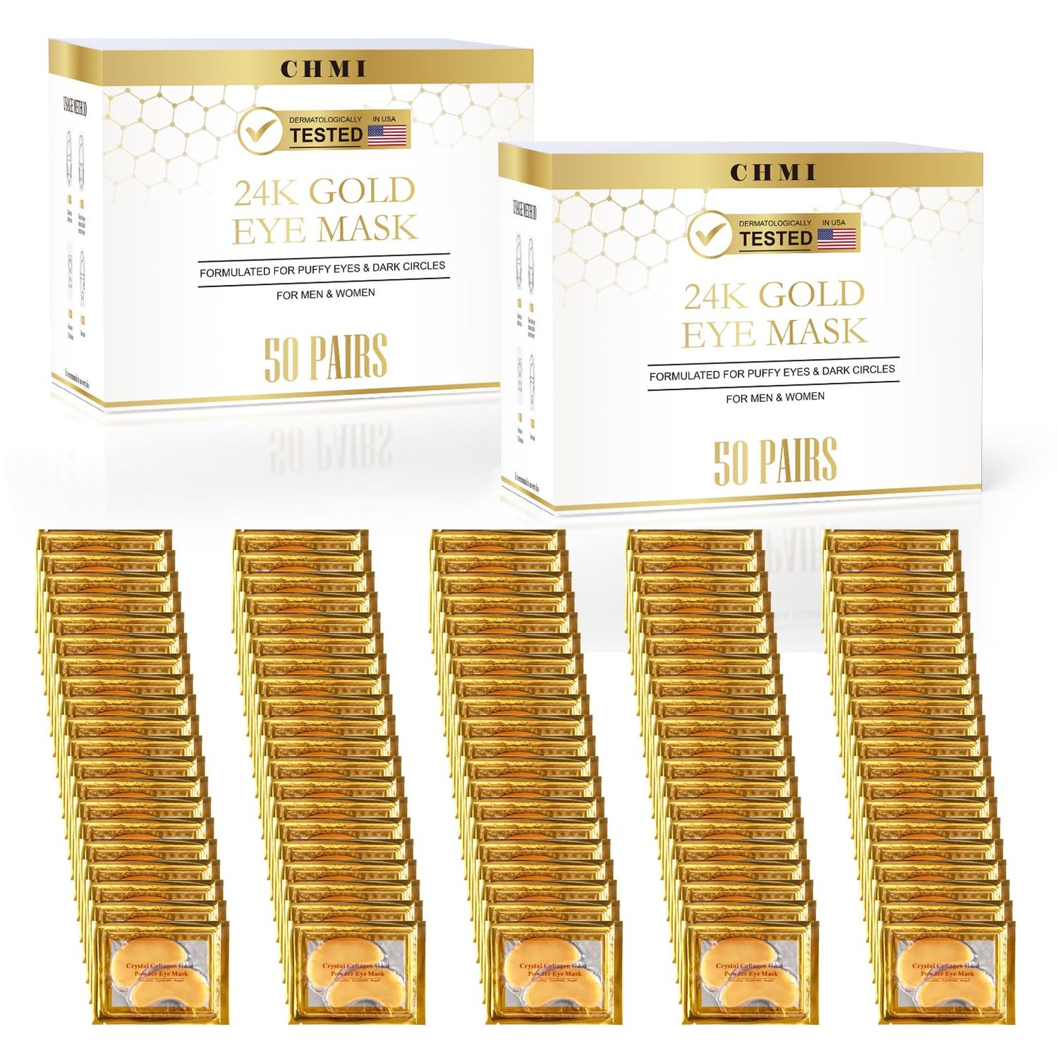 CHMI Under Eye Patches (100 Pairs) - 24K Gold Eye Patches for Puffy Eyes, Dark Circles, Eye Bags and Wrinkles, Collagen Skin Care Products, Beauty Personal Care