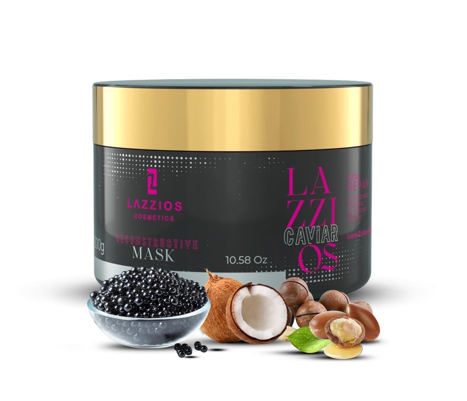 Lazzios Reconstructive Mask with Caviar, Hydrolyzed Keratin, and Murumuru Deep repair, intense hydration, and strengthening for damaged, dry,or chemically treated hair. Anti-frizz, 300 grams
