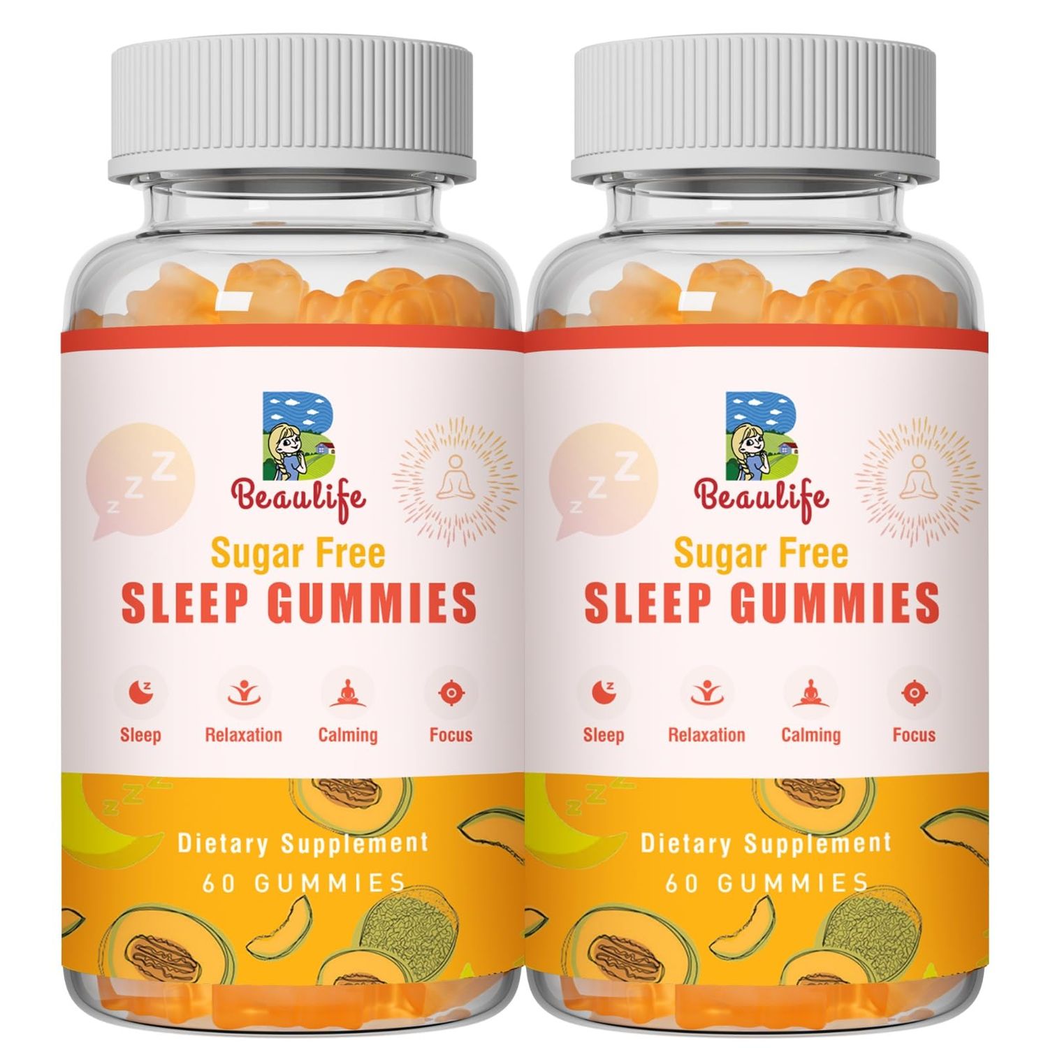 B beaulife 2 Pack 5 mg Melatonin Gummies, Sleep Support for Adults, Melatonin Supplements for Sleeping, 120 Cantaloupe Flavored
