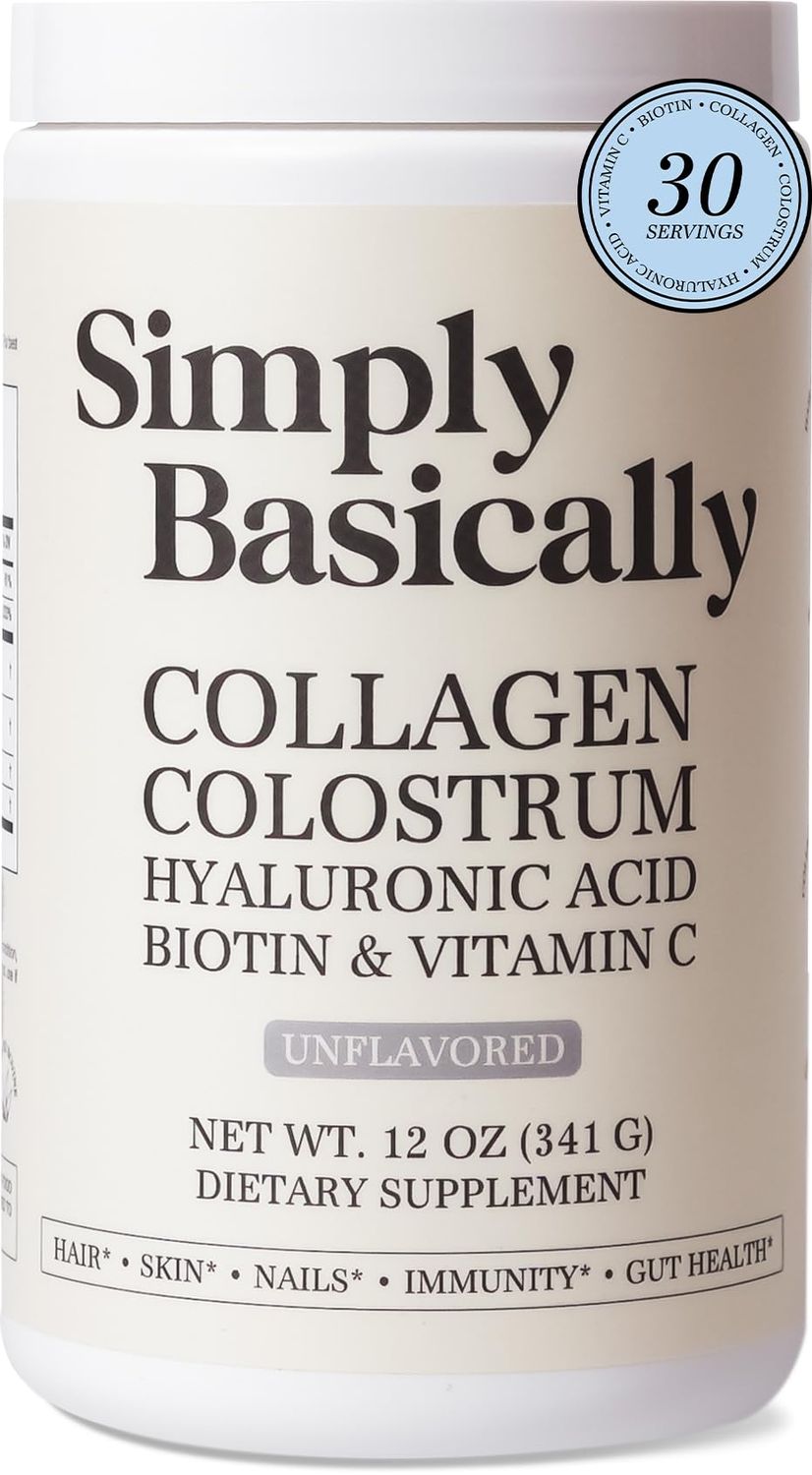 Simply Basically Collagen Colostrum Powder Enhanced with Biotin, Hyaluronic Acid, Vitamin C Grass-Fed Immune Gut Health Skin Hair Nails Supplement 30 Servings Powder