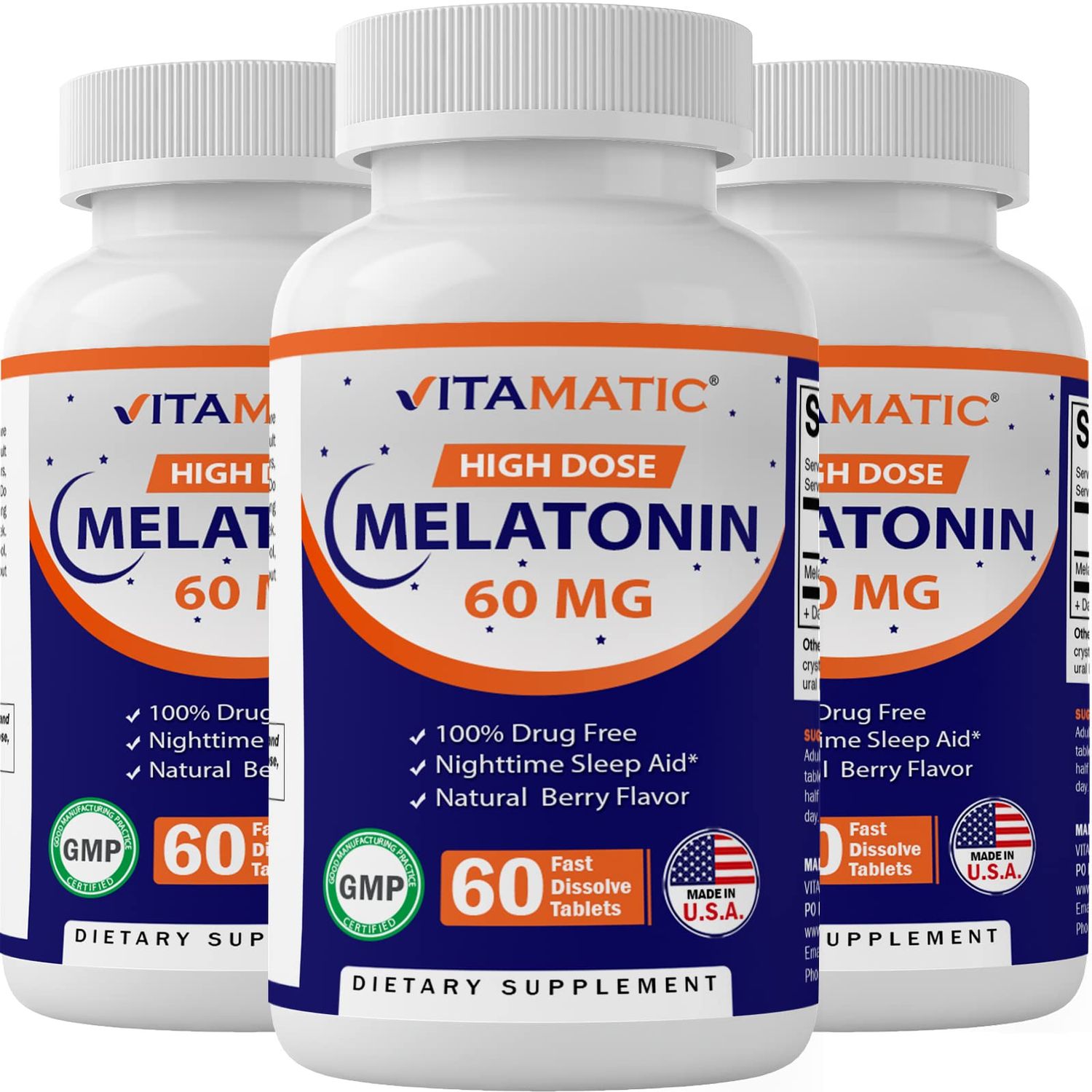 Vitamatic Melatonin 60 mg Fast Dissolve Tablets - 60 Vegan Natural Berry Flavor Tablets - Non-Habit Forming - Non-GMO, Gluten Free (3 Bottles)