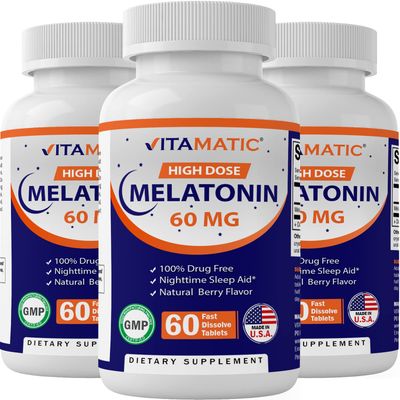 Vitamatic Melatonin 60 mg Fast Dissolve Tablets - 60 Vegan Natural Berry Flavor Tablets - Non-Habit Forming - Non-GMO, Gluten Free (3 Bottles)