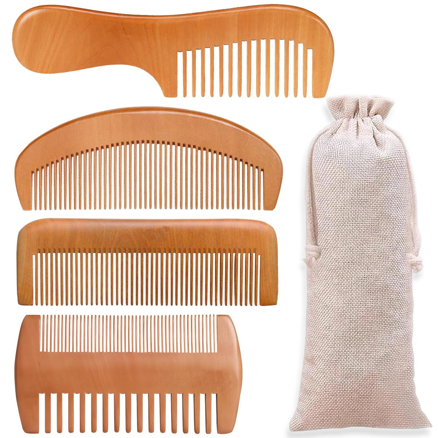 4 Pcs Natural Bamboo Comb Set for Women Men - Wide Tooth Detangling, Beard Labor Combs for Curly, Thick, Wavy Hair with Gift Bag
