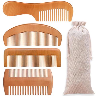 4 Pcs Natural Bamboo Comb Set for Women Men - Wide Tooth Detangling, Beard Labor Combs for Curly, Thick, Wavy Hair with Gift Bag