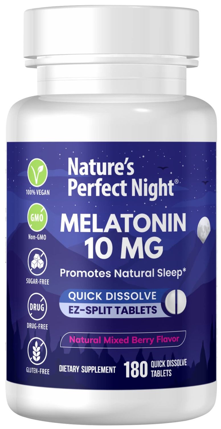 Nature&#39;s Perfect Night Melatonin 10mg 180 Quick Dissolve Tablets Natural Mixed Berry Flavor High Potency Sugar Free Vegan Gluten Free Value Size