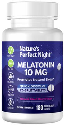 Nature&#39;s Perfect Night Melatonin 10mg 180 Quick Dissolve Tablets Natural Mixed Berry Flavor High Potency Sugar Free Vegan Gluten Free Value Size