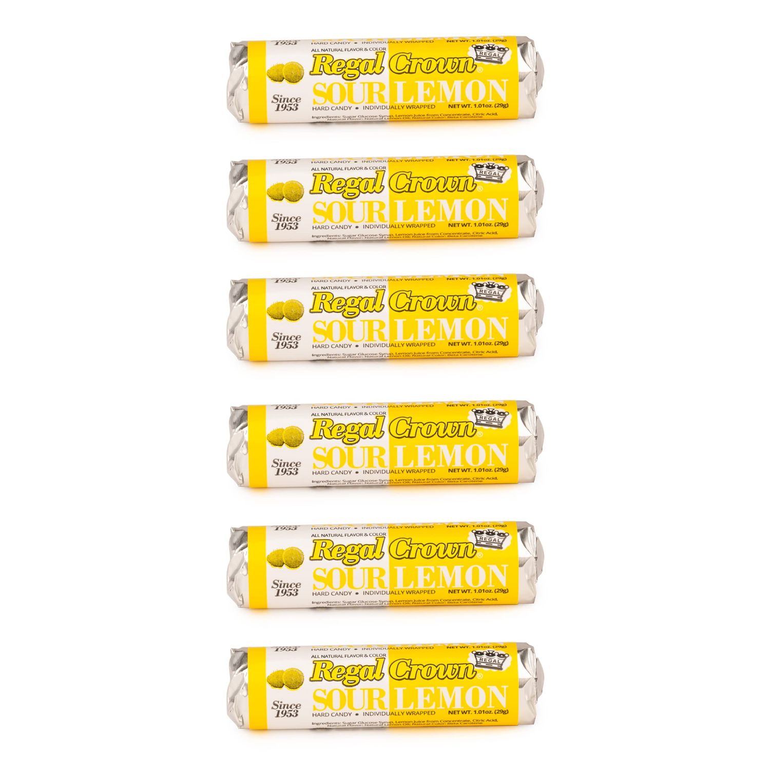 Regal Crown Sour Lemon Hard Candy Rolls 6 Rolls Old Fashioned Sour Lemon Candy Traditional Lemon Candy Brought To You By Iconic Candy (1.01oz Pack of 6)