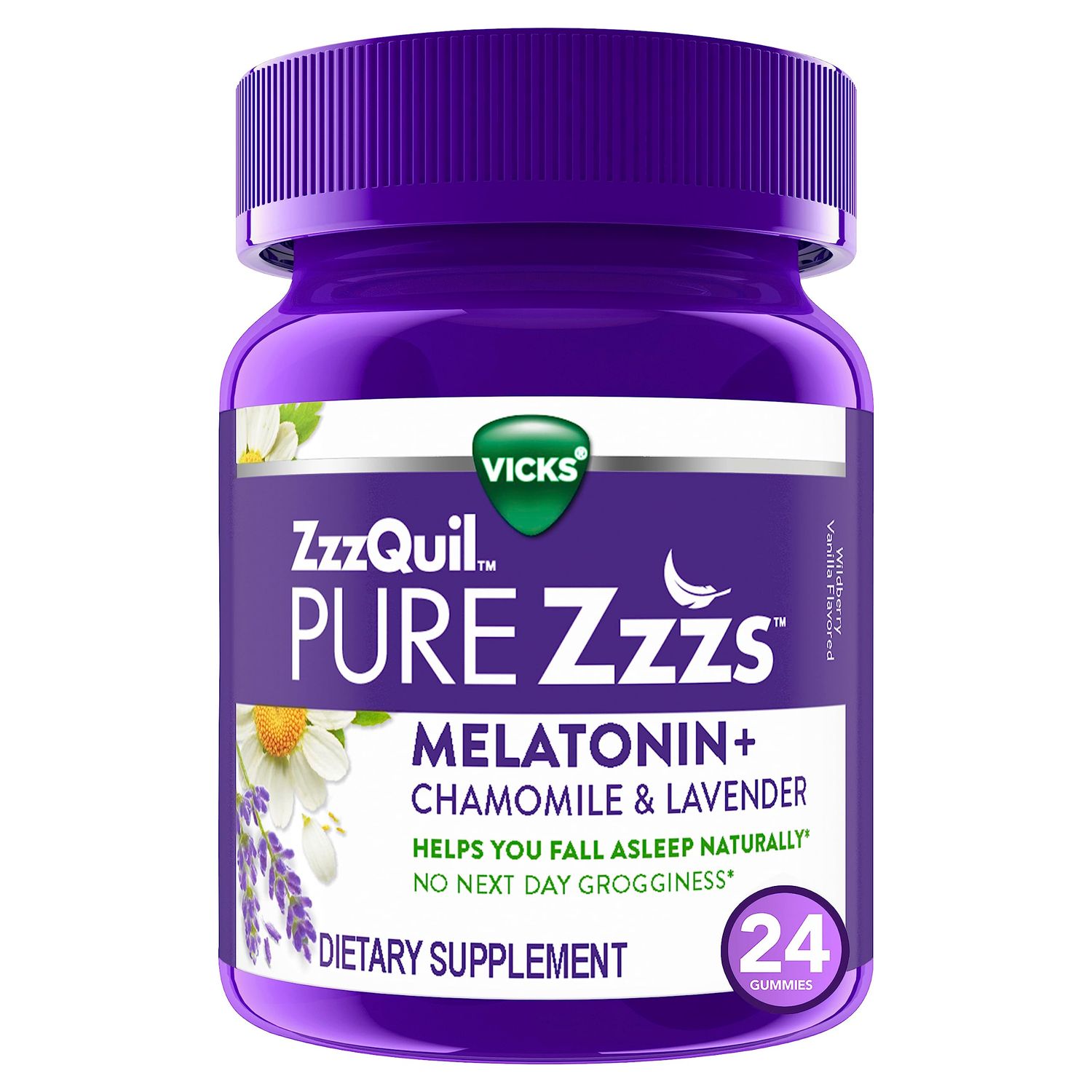 ZzzQuil PURE Zzzs Melatonin Gummies, Sleep Aid, Melatonin 2mg, with Chamomile Lavender, Melatonin Sleep Gummies, Sleep Aids for Adults, Wildberry Vanilla Flavored, 24 Sleep Gummies