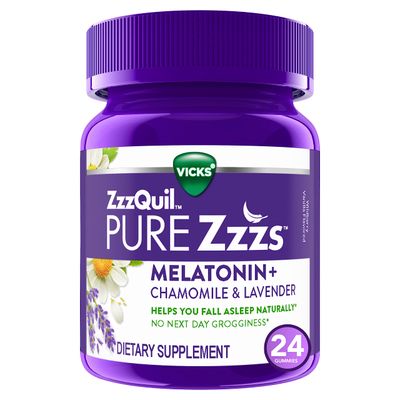 ZzzQuil PURE Zzzs Melatonin Gummies, Sleep Aid, Melatonin 2mg, with Chamomile Lavender, Melatonin Sleep Gummies, Sleep Aids for Adults, Wildberry Vanilla Flavored, 24 Sleep Gummies