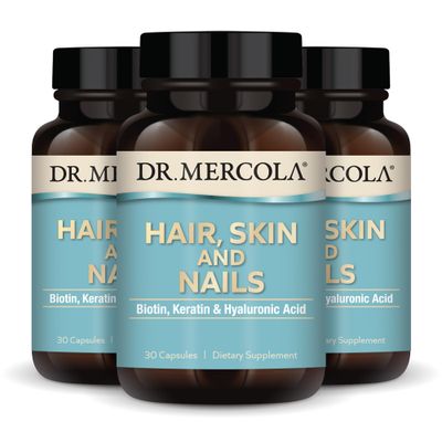 Dr. Mercola Hair, Skin and Nails - Provides Biotin, Keratin Hyaluronic Acid - Premium Quality - Supports Healthy Aging - Non-GMO, Gluten-Free Soy-Free - 30 Capsules (3 Pack)