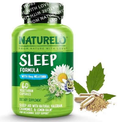 NATURELO Sleep Aid - with Melatonin, Magnesium, GABA, Valerian Root, Lemon Balm, Chamomile Herbal Extracts - Plant-Based Sleeping Aid - 60 Vegan Capsules