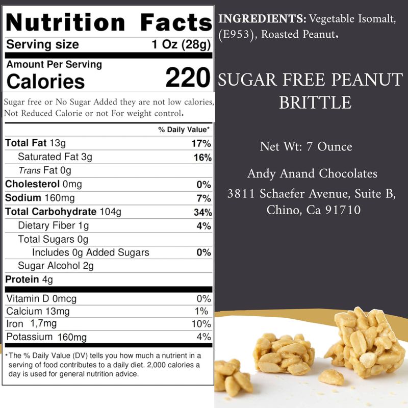 Andy Anand Sugar Free Peanut Brittle Handmade, Vegan, Old-Fashioned Recipe Smell the Fresh Roasted Peanuts, Taste the Divine Crunchy Goodness (7 Oz)