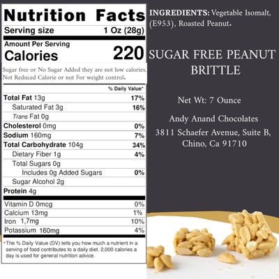 Andy Anand Sugar Free Peanut Brittle Handmade, Vegan, Old-Fashioned Recipe Smell the Fresh Roasted Peanuts, Taste the Divine Crunchy Goodness (7 Oz)