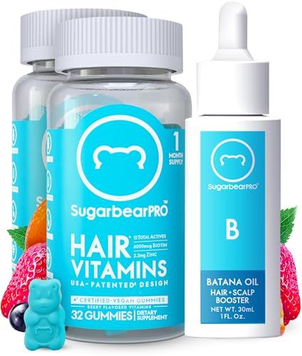 Sugarbear Hair Vitamin Gummy 2 Month Supply 1 Pure Batana Natural Hair Growth Oil-Extra Strength Biotin 6000mcg, Women, Men, Vegan Vitamin B12, MSM, Inositol, Elderberry, Kosher, Halal, Cruelty-Free