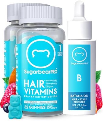 Sugarbear Hair Vitamin Gummy 2 Month Supply 1 Pure Batana Natural Hair Growth Oil-Extra Strength Biotin 6000mcg, Women, Men, Vegan Vitamin B12, MSM, Inositol, Elderberry, Kosher, Halal, Cruelty-Free