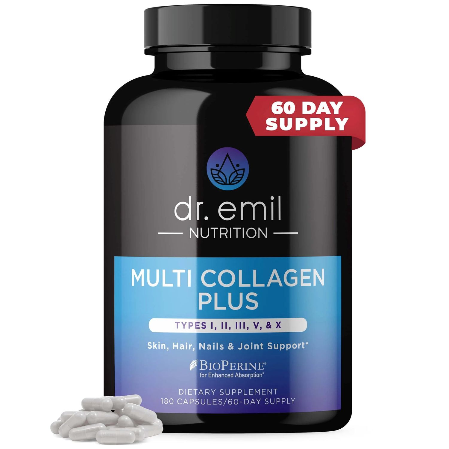 DR. EMIL NUTRITION Multi Collagen Pills - 180 Capsules - Collagen Supplements to Support Hair, Skin, Nails, Joints - Hydrolyzed Collagen Supplements for Women with Types I, II, III, V X