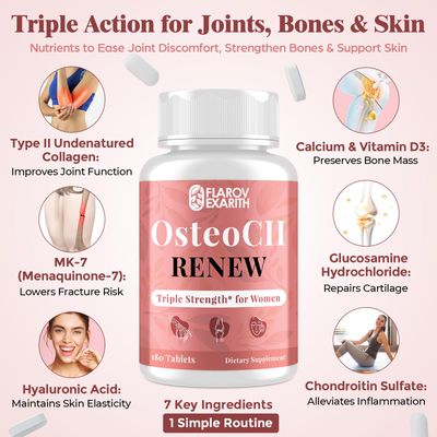 Joint Supplements for Women OsteoCII Renew Triple Strength - Advanced Joint, Bone Skin Formula - Collagen, Glucosamine, Chondroitin, Calcium, MK-7, Vitamin D3, Hyaluronic Acid, 180 Tablets