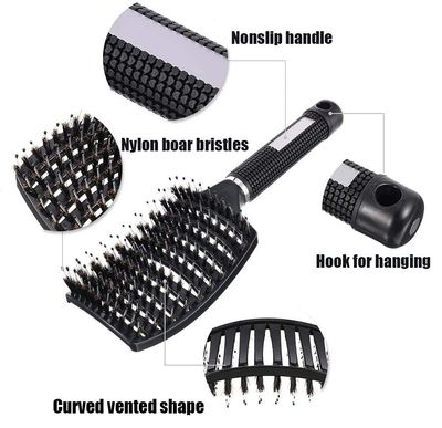 2 Pcs Boar Bristle Detangler Vent Brush Curved Vented Paddle Brush for Blow Drying, Anti-frizz Detangling Styling Hairbrush Comb for Curly Fine Straight Natural Tangled Hair, Wet or Dry Use