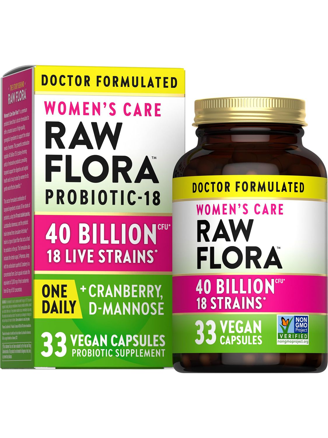 Raw Flora Probiotics for Women 40 Billion CFU 33 Vegan Capsules with Cranberry D-Mannose Vegan Gluten Free Vitamins by Nature&#39;s Truth