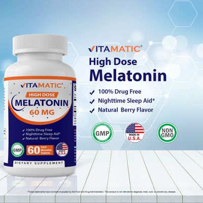Vitamatic Melatonin 60 mg Fast Dissolve Tablets - 60 Vegan Natural Berry Flavor Tablets - Non-Habit Forming - Non-GMO, Gluten Free (3 Bottles)