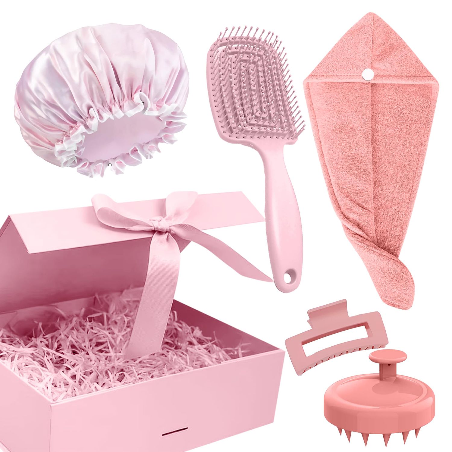 Hair Care Set (Detangling Brush, Microfiber Towel, Satin Cap, Scalp Brush, Claw Clip) for All Hair Types - Gift for Teens, Moms Women (Pink)