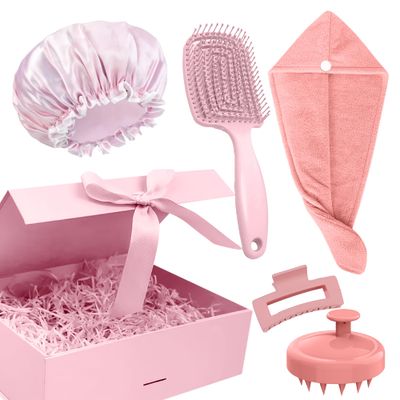 Hair Care Set (Detangling Brush, Microfiber Towel, Satin Cap, Scalp Brush, Claw Clip) for All Hair Types - Gift for Teens, Moms Women (Pink)