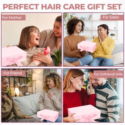 Hair Care Set (Detangling Brush, Microfiber Towel, Satin Cap, Scalp Brush, Claw Clip) for All Hair Types - Gift for Teens, Moms Women (Pink)