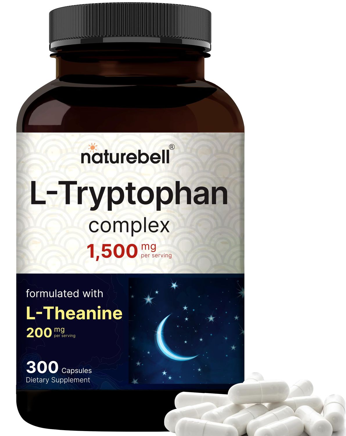 NatureBell L Tryptophan 1300mg with L Theanine 200mg, 300 Capsules Active Free Form, Plant Based Supplement - Calm Formula, Supports Relaxation - Non-GMO No Gluten